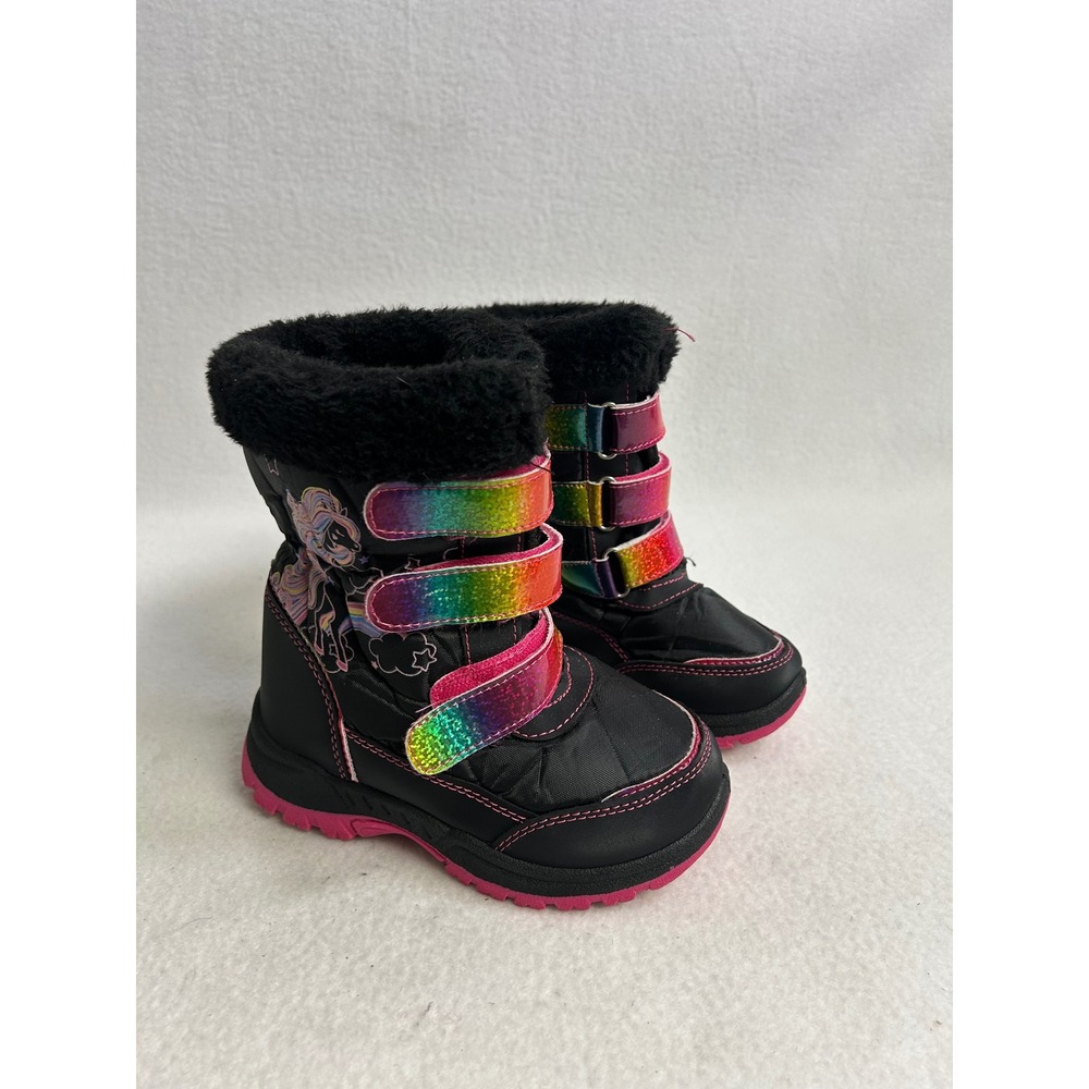 Rainbow Unicorn Rugged Bear Girls Size 10 Black Pink Triple Strap Snow Boots